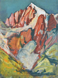 Werkverzeichnis Nr. 416, um 1968,  Weisshorn, Öl auf Karton, 50,0 x 37,2 cm,
						Rückseite bemalt mit Werkverzeichnis Nr. 1402, um 1985, Sonnenblumen vor blauem und violettem Hintergrund